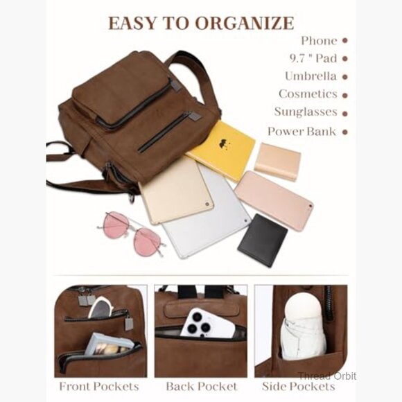 Convertible Leather Backpack Purse for Women, 3-Way Carry, Large Capacity main image 5